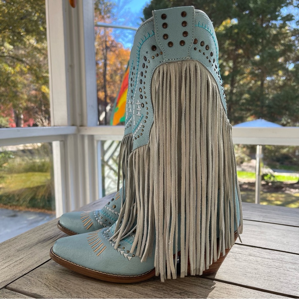 Dingo Women’s Gypsy Studded Embroidered Fringed Blue Western Boots Size 8 - Picture 2 of 11